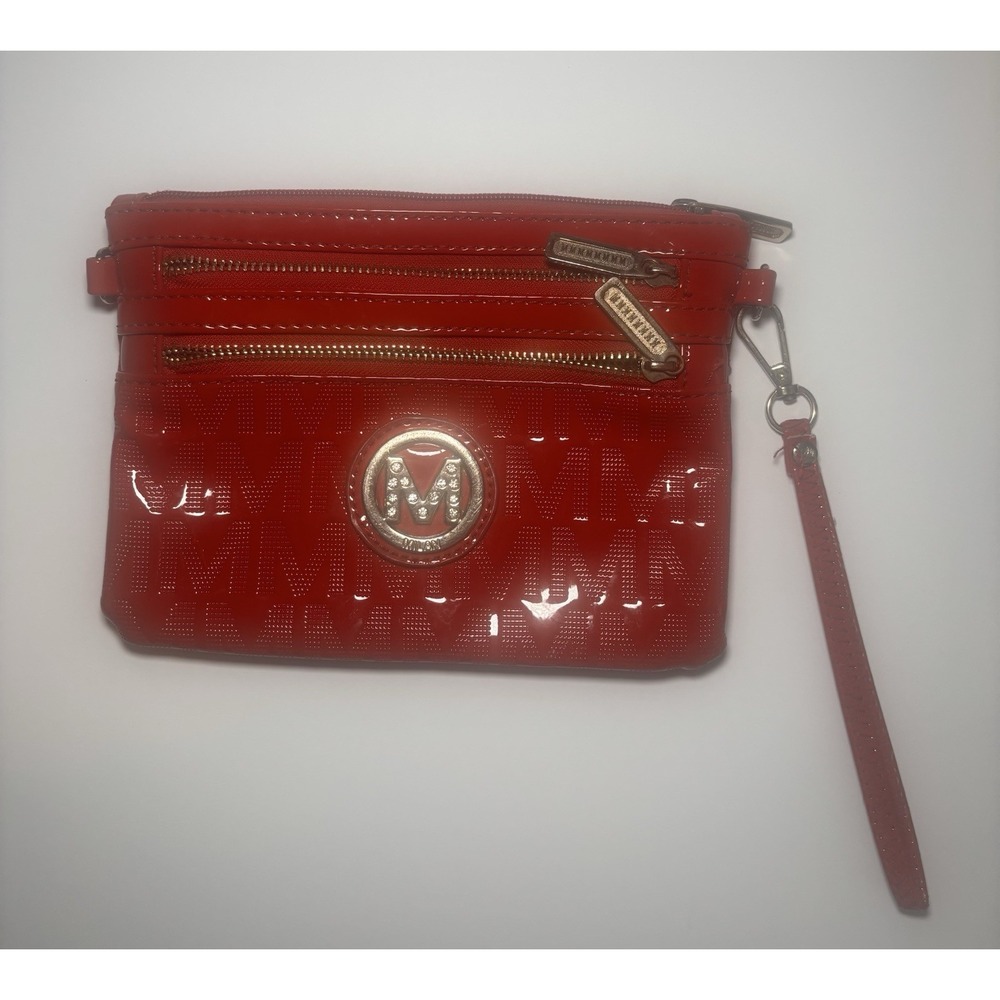 Mimmina Red Logo Wrist Strap Wristlet Wallet with Zipper Closure